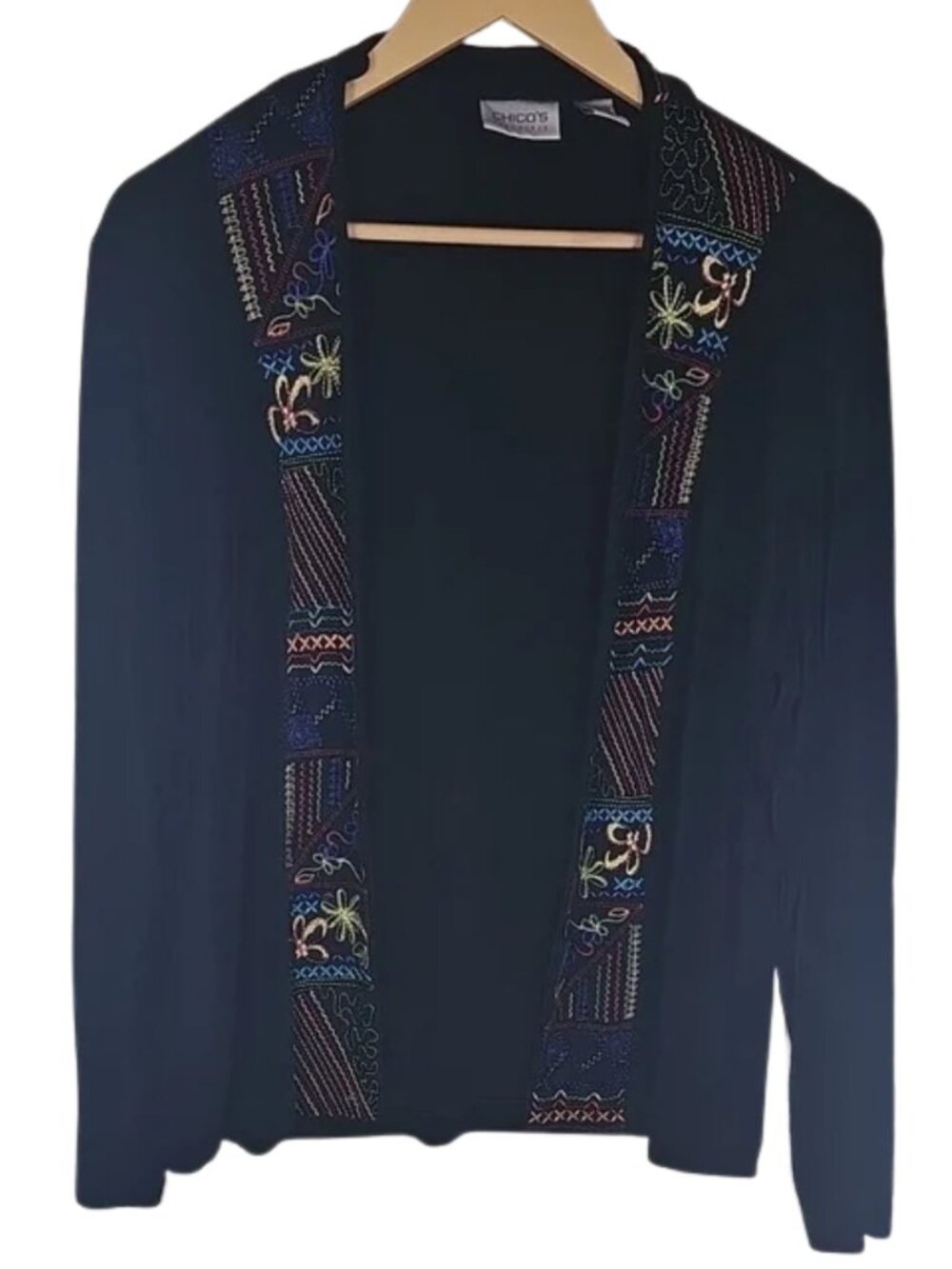 Chico's Travelers Black Embroidered Open Front Jacket Cardigan Sz 3 XL Boho Chic